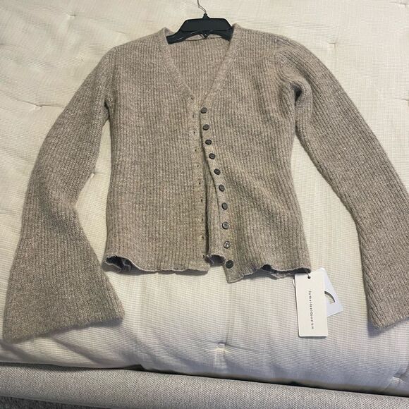 NWT Commense Oatmeal cardigan with lettuce, trim, and bell sleeves, XS - Picture 2 of 6